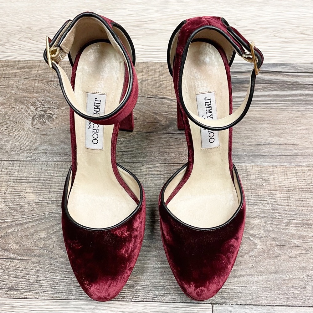 JIMMY CHOO Merlot Red Velvet Platform Heels Sz 9 - Picture 2 of 10